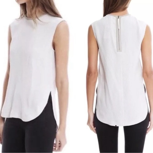 HELMUT LANG | Tissue Silk & Leather Trim Bateau Neckline Tunic Blouse (S) - Picture 2 of 3